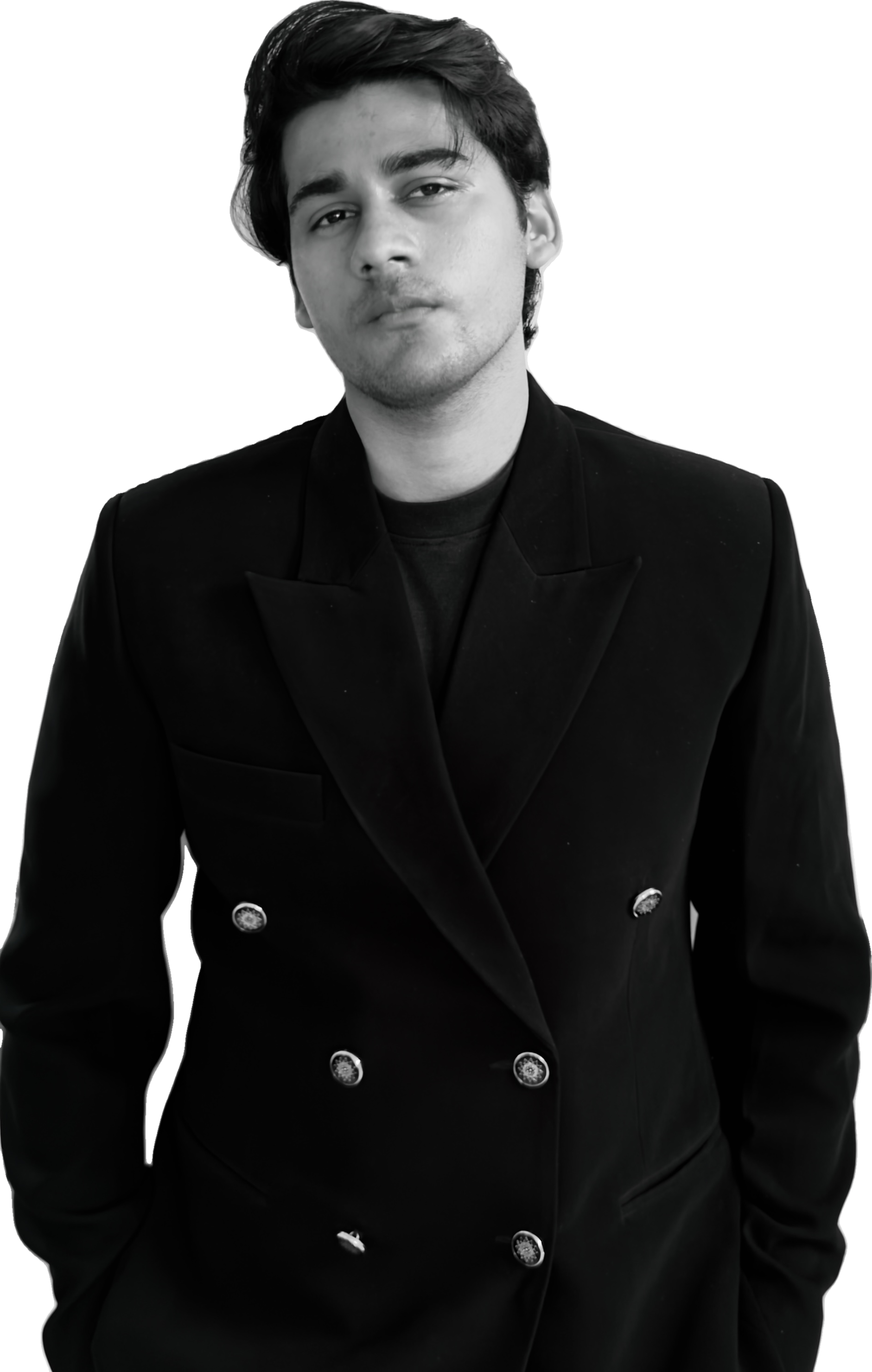 Vaibhav Chajjer in a black double-breasted blazer, black and white